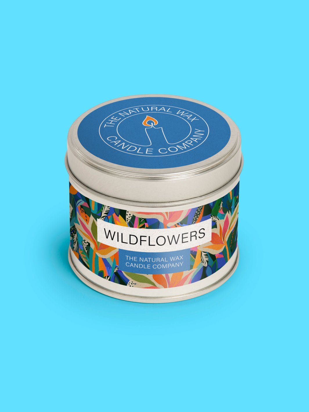 Labelled tin packaging on a blue background.