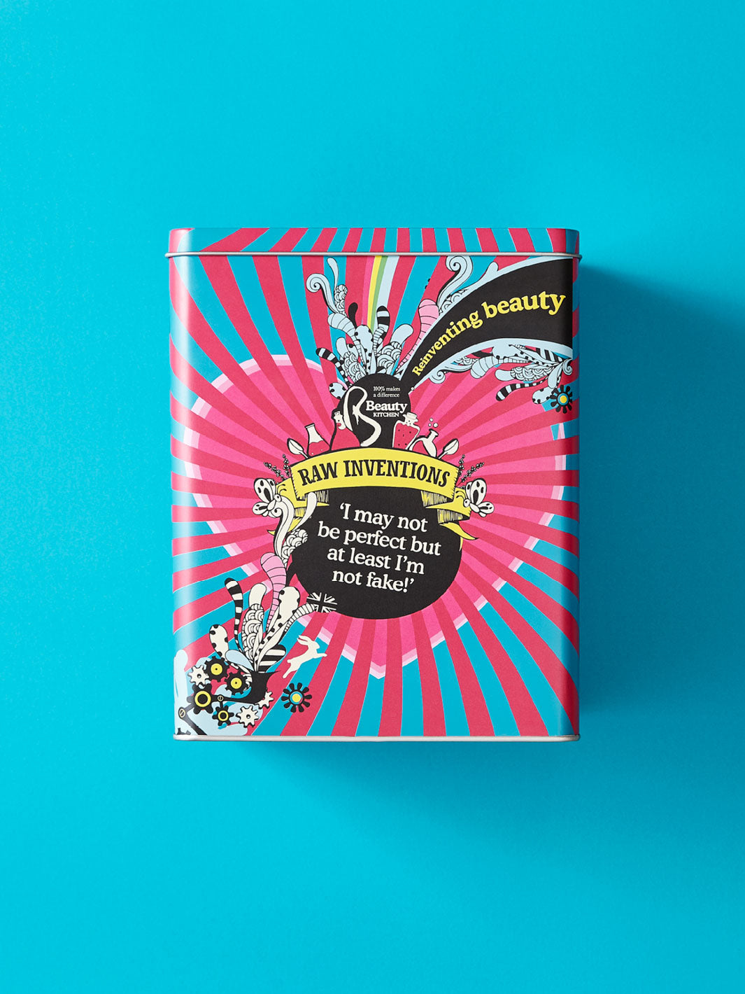 Metal packaging on a blue background with a custom design.