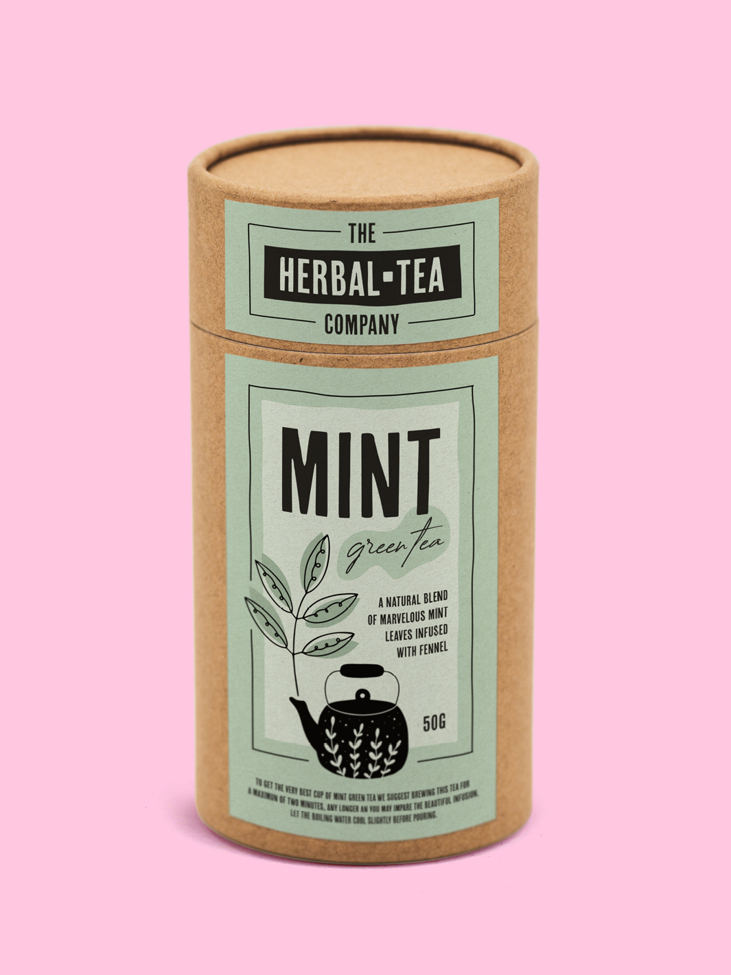 labelled custom tea packaging on a pink background.