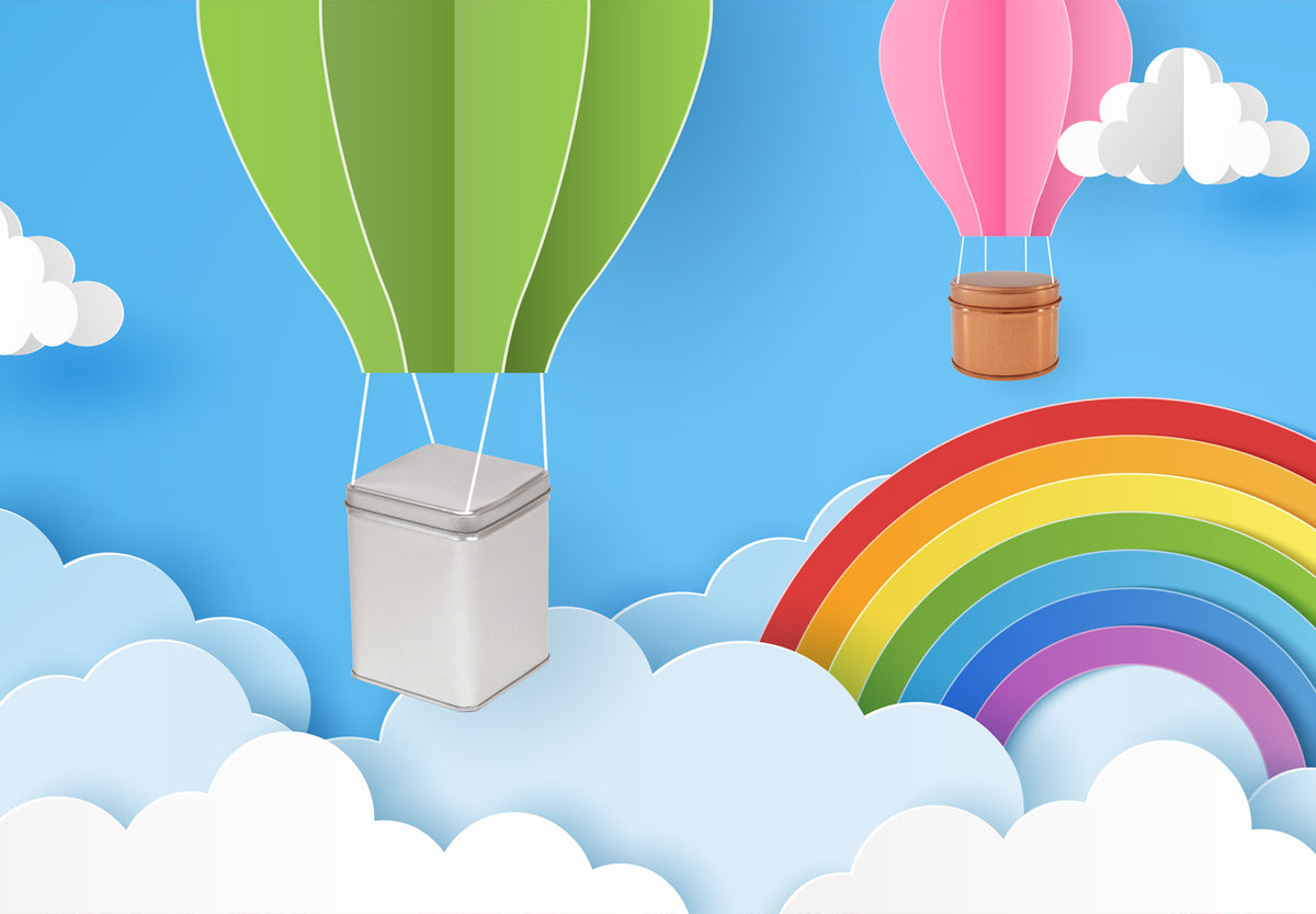 Metal and cardboard packaging being delivered floating down on parachute with a blue sky and rainbow backdrop.