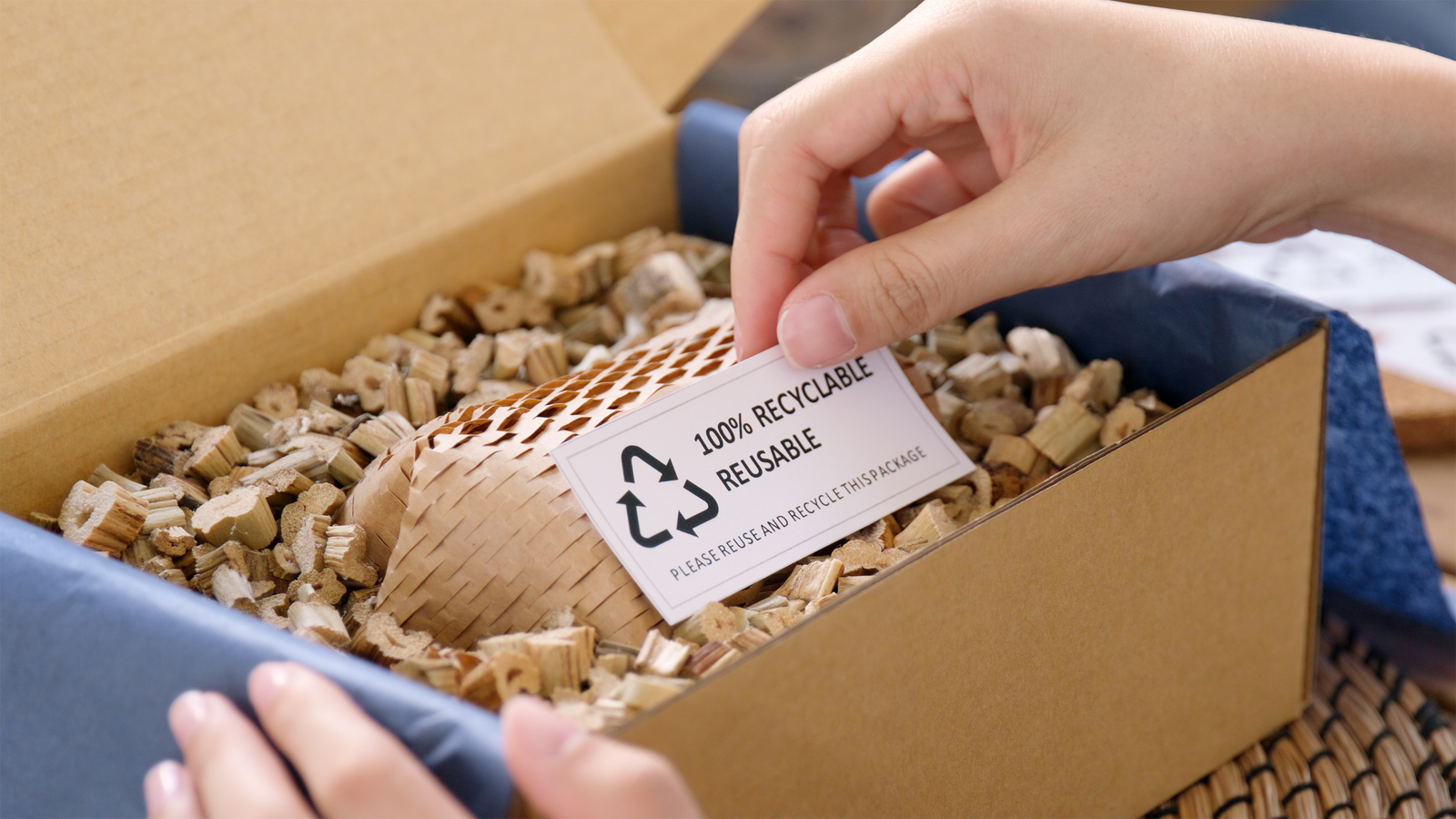 Customer opening packaging labelled as sustainable