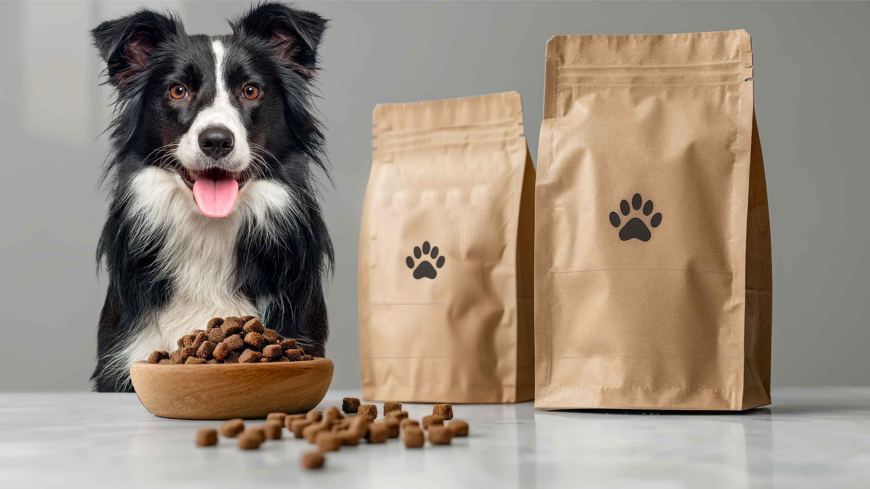 dog with pet food and pet food packaging