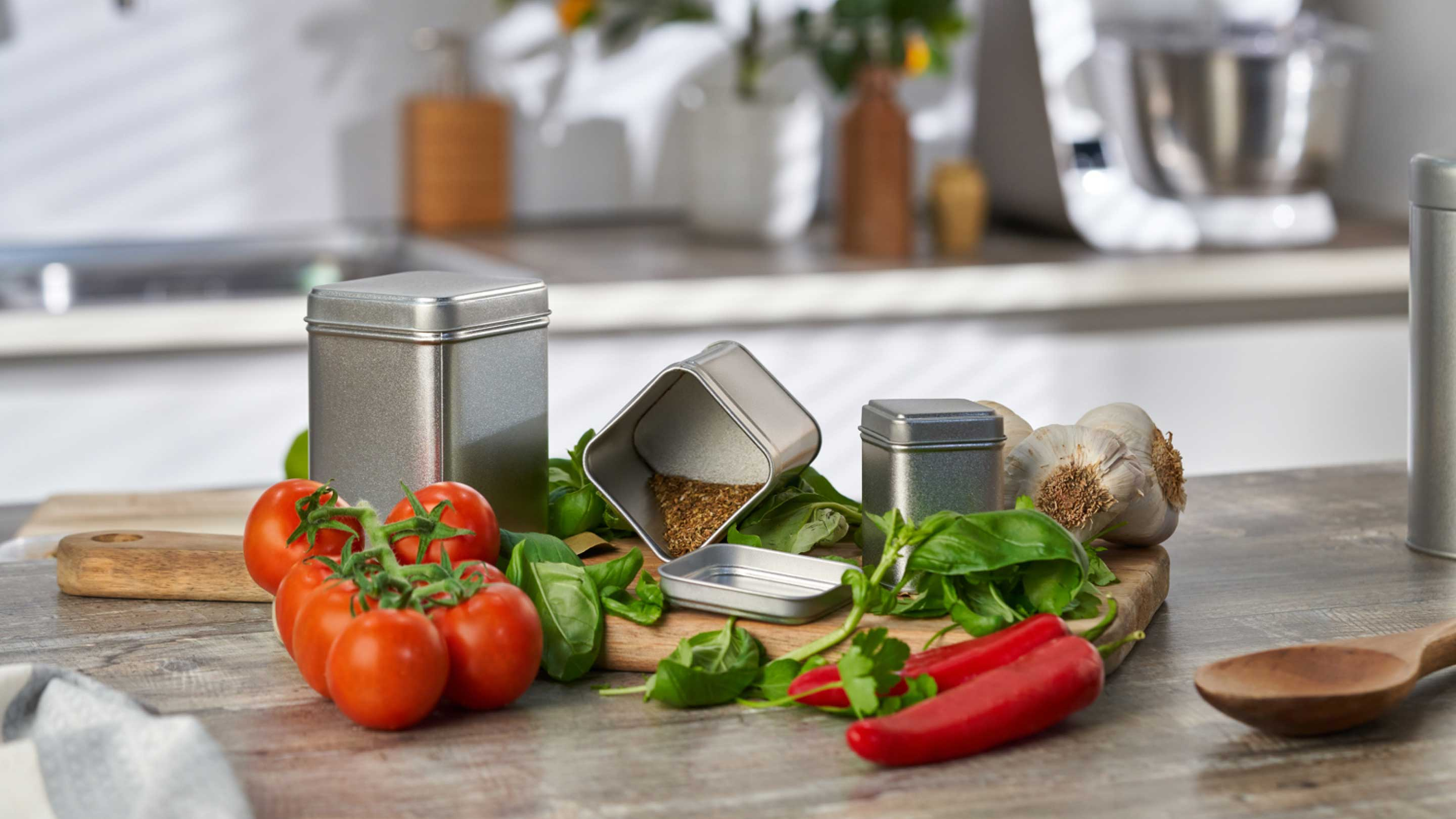 Metal box packaging with food, herbs and spices.