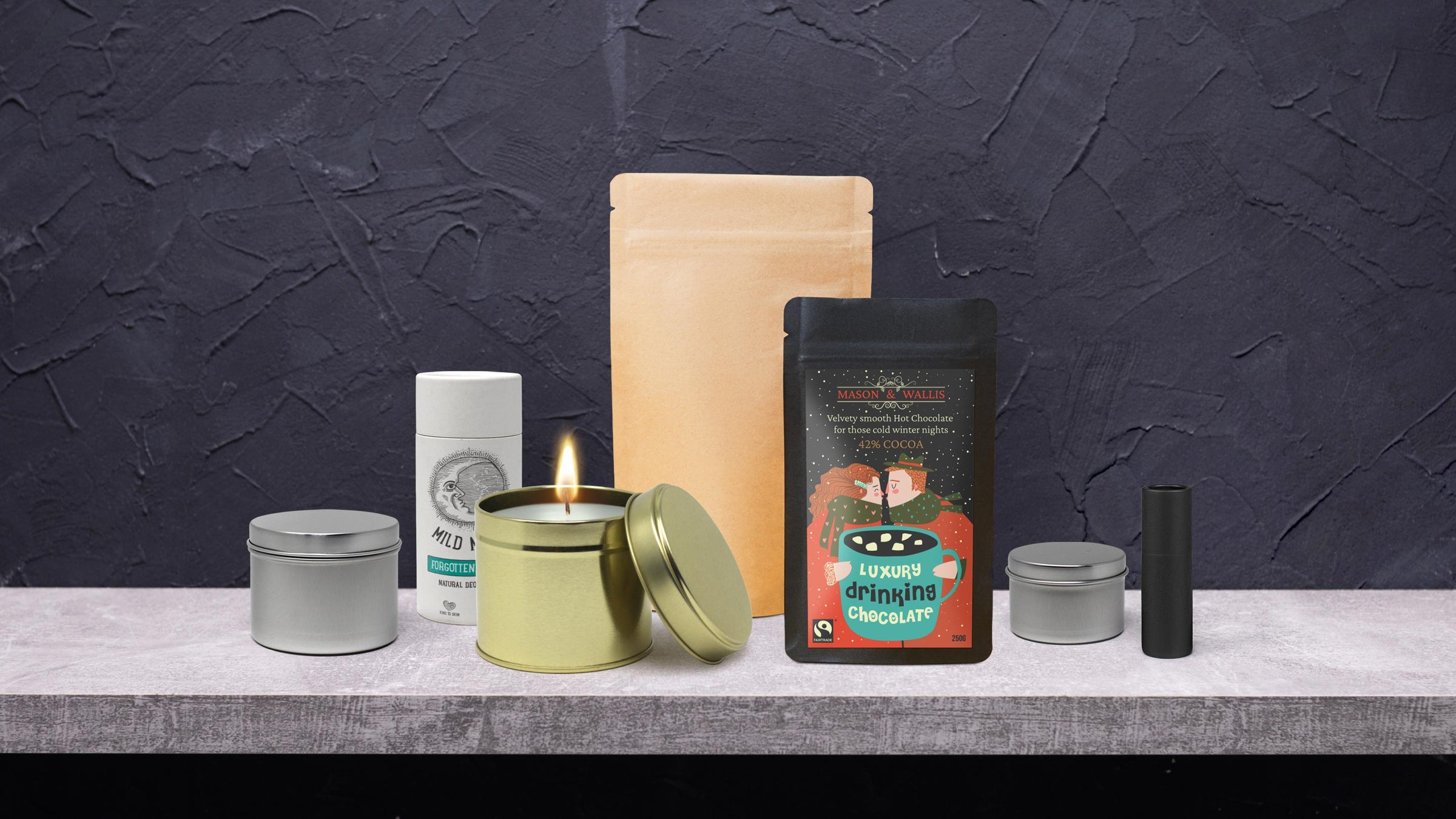 Collection of packaging in different materials and designs. 
