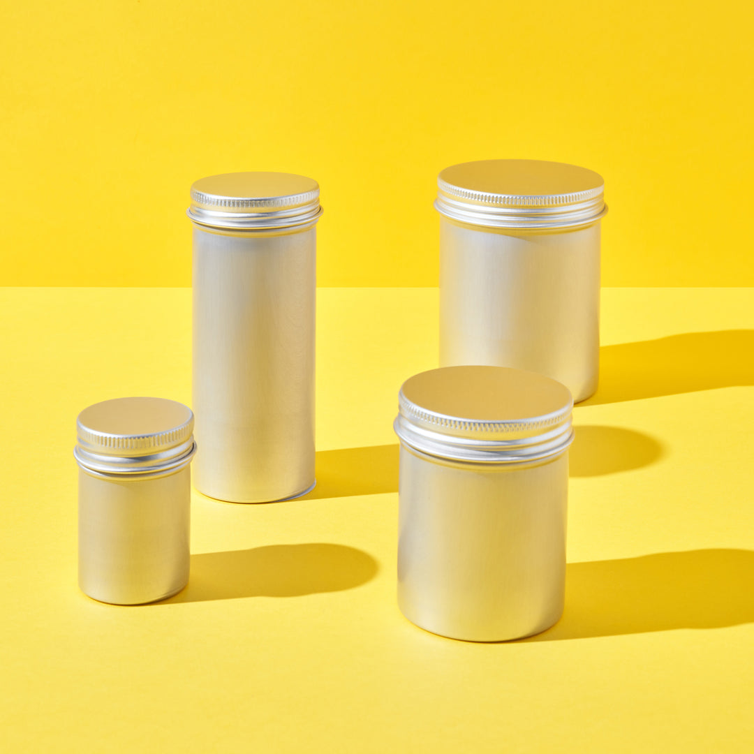 Tall round seamless screw lid tin collection in four sizes.