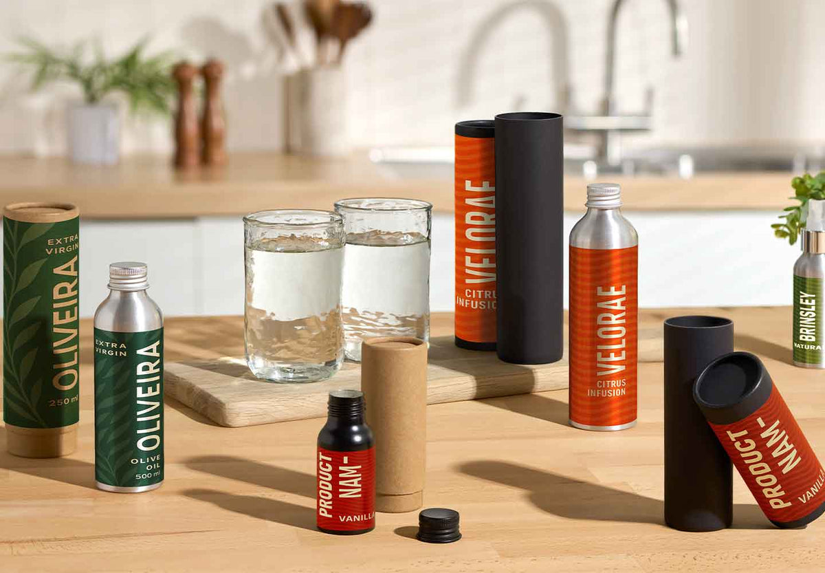 Telescopic cardboard tubes with aluminium bottles in kitchen background. 