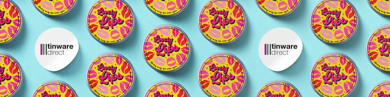 Pink and yellow metal tins on a blue background with white Tinware Direct label. 