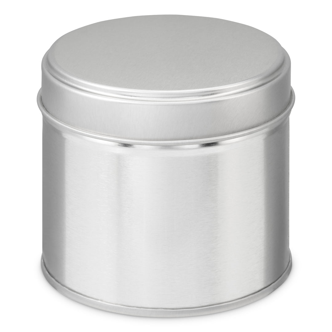 Large silver tin with welded side seam on white background - T0877
