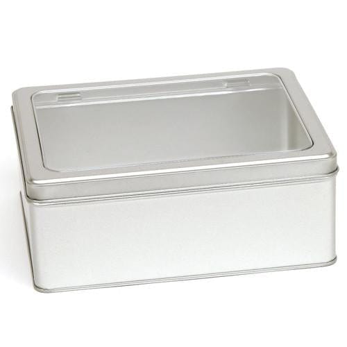 Silver Large Rectangular Step Lid Tin with Either Solid or Clear Lid T2335W - Tinware Direct