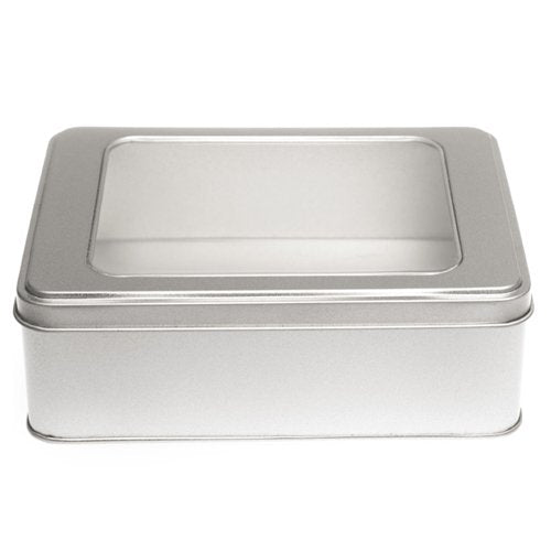 Silver Large Rectangular Step Lid Tin with Either Solid or Clear Lid T2337W - Tinware Direct
